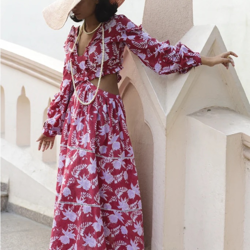 JODI - Floral Red and lilac Maxi Dress with cutouts and tiered, organic cotton